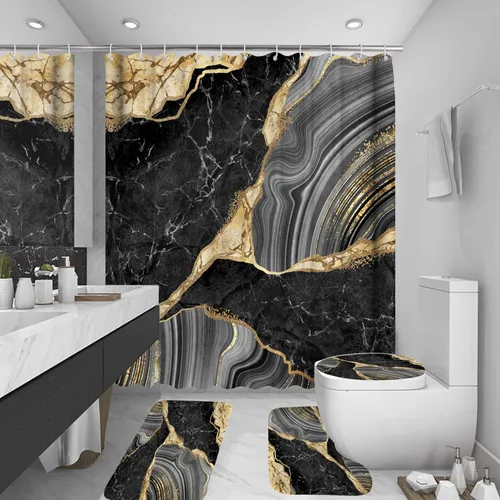 Juego de 4 cortinas de ducha con diseño de mármol, juego de decoración de baño, lujo con 12 ganchos, tapete de baño, tapete para tapa de inodoro y