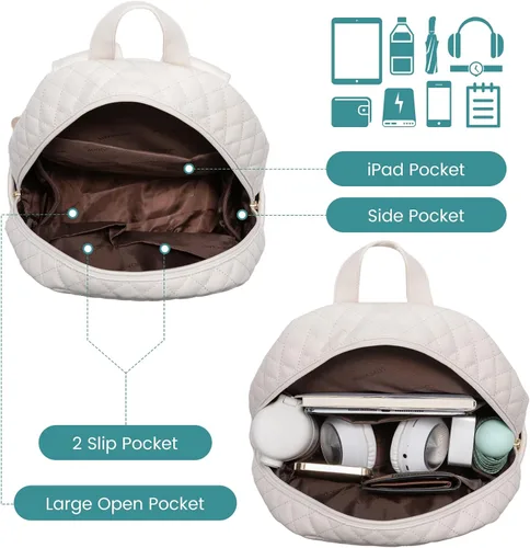 Miniatura 3 de LOVEVOOK Mochila pequeña acolchada para mujer, mochila de cuero, impermeable, para viajes de trabajo, Beige, Compacto