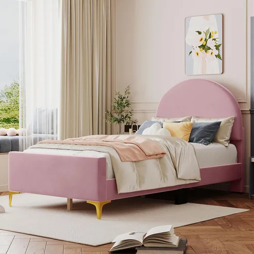 Miniatura 23 de Cama de plataforma tapizada de tamaño individual con cabecero en forma de oso y rayas de luz incrustadas, bonito marco de cama de plataforma