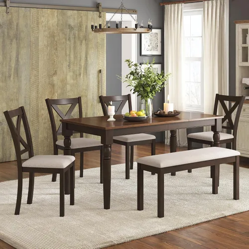 AMERLIFE Juego de mesa de comedor de 6 piezas para mesa y sillas de cocina de madera maciza de 60 pulgadas, 1 mesa de comedor, 4 sillas tapizadas y