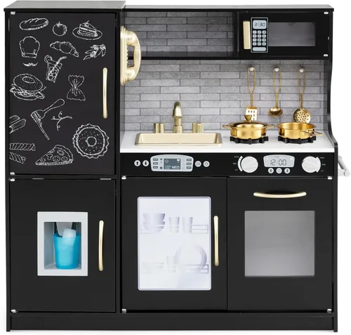Costzon Juego de cocina para niños, juego de juguetes de cocina de madera con sonido real, pizarra grande, teléfono, microondas, máquina de hielo,