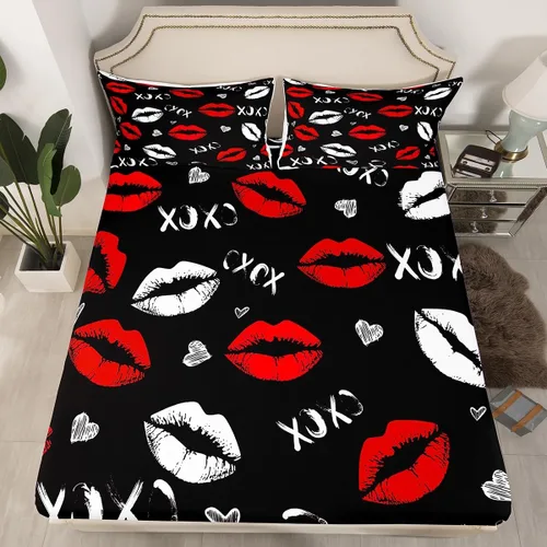 Juego de sábanas bajeras de labios rojos femeninos para niñas y mujeres, juego de sábanas con estampado de lápiz labial blanco, juego de sábanas