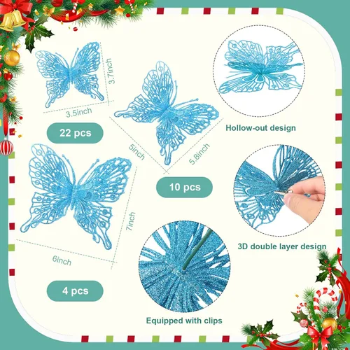Miniatura 2 de Charniol 36 piezas de 3 tamaños para árbol de Navidad, decoraciones de mariposa hueca con purpurina, adornos colgantes con clips para manualidades