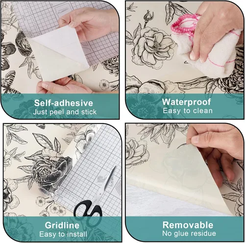 Miniatura 7 de Arthome - Papel tapiz autoadhesivo de 17 x 240 pulgadas, papel de contacto floral con rosa negra, papel de pared de vinilo vintage, película