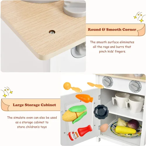 Miniatura 3 de Costzon Juego de cocina para niños, juego de cocina de juguete de madera con fregadero, horno, microondas, estufa, ollas, utensilios, cocina