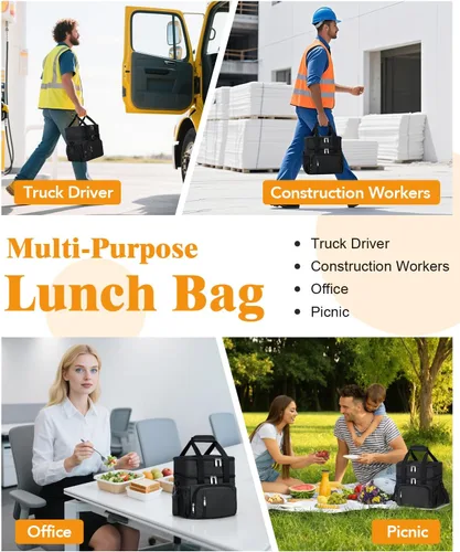 Miniatura 6 de Lonchera para Hombres, Bolsa de Almuerzo con Doble Aislamiento Reutilizable a Prueba de Fugas Bolsa Refrigeradora Portátil Bolsa de Comida para Negro
