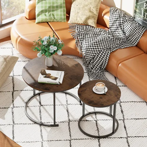Miniatura 3 de aboxoo - Mesa de centro apilable redonda, juego de 2 mesas laterales con marco de metal resistente para sala de estar, dormitorio, apartamento