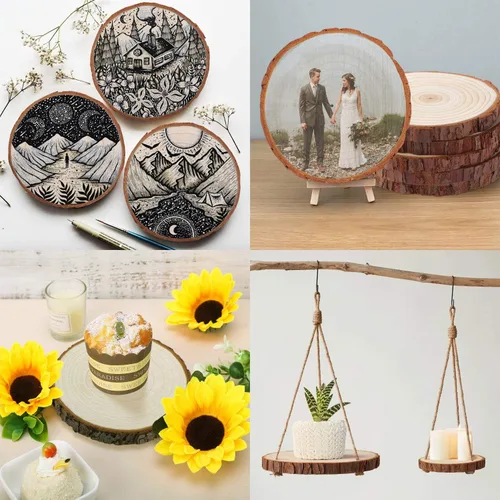 Miniatura 5 de Fuyit Rebanadas de madera sin terminar para centros de mesa, 10 discos redondos de madera natural de 4.7 a 5.1 pulgadas con corteza