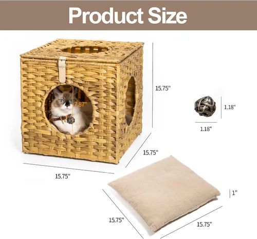 Miniatura 2 de Mewoo Ratten Cat House Condominio con ratán interactivo de bola colgante * 4 juguetes y cojín de algodón, cama cerrada de mimbre para gatos