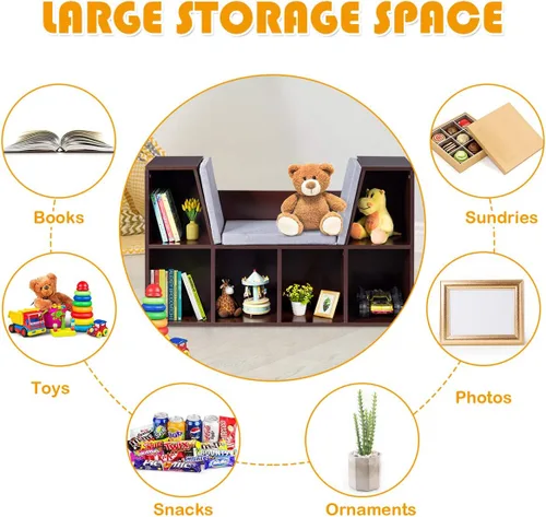 Miniatura 6 de HONEY JOY Organizador de rincón de lectura con cojín de asiento, estantería para niños con rincón de lectura, estante de almacenamiento de esquina