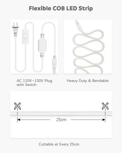 Miniatura 6 de ALITOVE Tiras de Luces LED de 110V 120V Impermeables 16.4ft Estilo COB Súper Brillantes Luz Blanca Diurna Tiras de Luces LED 6000K CRI90+