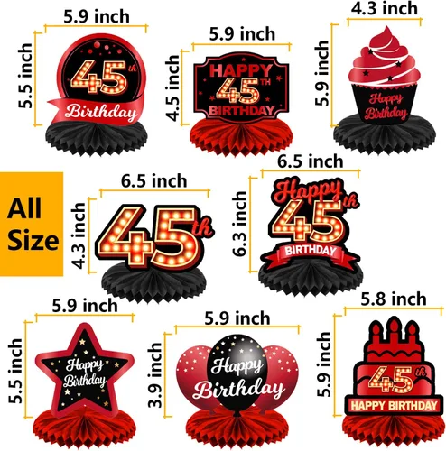 Miniatura 2 de Feliz 45 cumpleaños rojo y negro centros de mesa de panal de abeja decoraciones de globos decoración de mesa centros de mesa para niñas mujeres