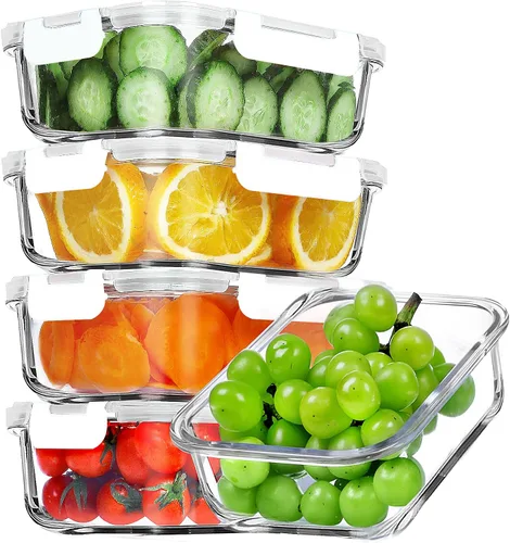Miniatura 10 de VERONES Paquete de 5 contenedores de 36 onzas de vidrio para preparar comidas, juego de contenedores de vidrio herméticos para almuerzo
