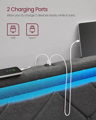 Miniatura 5 de VASAGLE Base de cama LED tamaño Queen, cama Queen con cabecera y 4 cajones, 1 puerto USB y 1 puerto tipo C, cabecera tapizada ajustable de 36.7/39.3