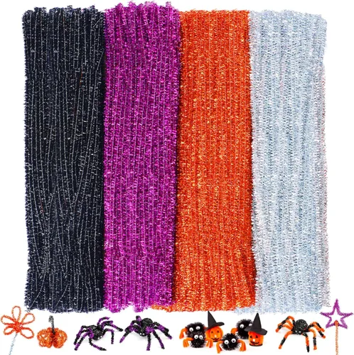 400 piezas de limpiapipas para Halloween, tallos de felpilla con purpurina, tallos de felpilla para arte creativo, decoración de Halloween, Acción