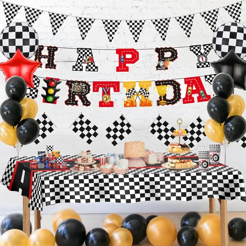 Miniatura 4 de YANMIN Decoraciones de fiesta de cumpleaños de autos de carreras, pancarta de feliz cumpleaños de auto de carreras, manteles de carreras de 54 x 108