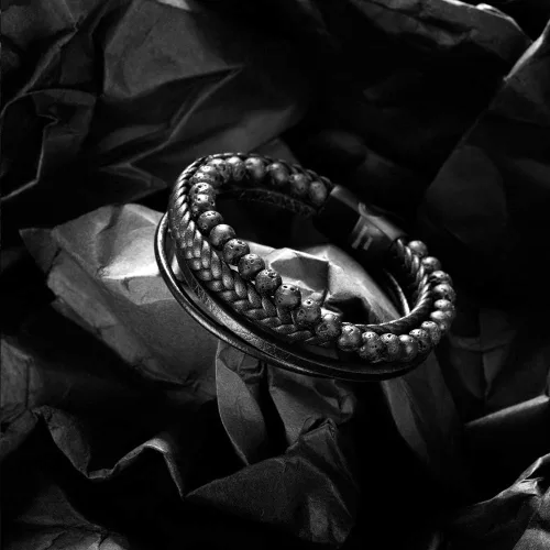 Miniatura 3 de Speroto - Pulsera para hombre de cuero trenzado con cuentas de lava y ónix