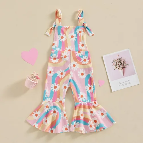 Miniatura 2 de ZyHwShine Conjunto de tirantes acampanados para niñas, con volantes, botones, ombliguera, pantalones de campana, pantalones de verano para niños