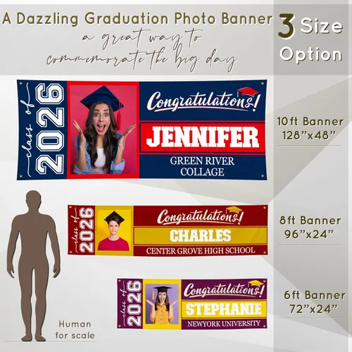 Miniatura 6 de Cartel de graduación 2026 personalizado – Tus propios colores escolares, mensaje – 17 opciones de color 3 tamaños, vinilo de 13 onzas – Bandera