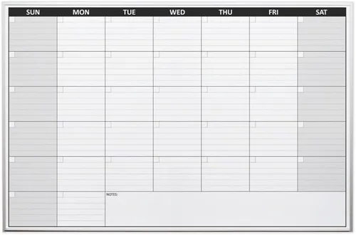 Calendario de borrado en seco de un mes de 24 x 36 pulgadas con ribete de aluminio anodizado satinado y bandeja de marcadores de longitud completa.