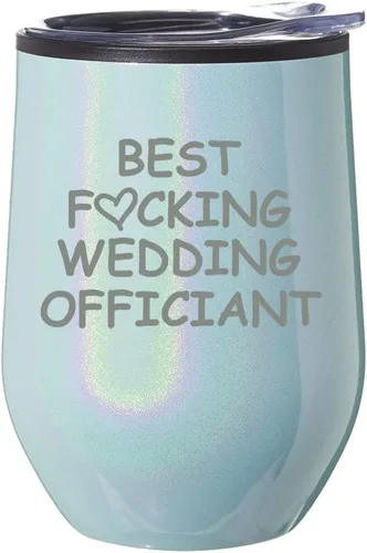 Vaso de vino sin tallo, taza de viaje de café con tapa, regalo para el mejor oficiante de boda divertido (purpurina azul)