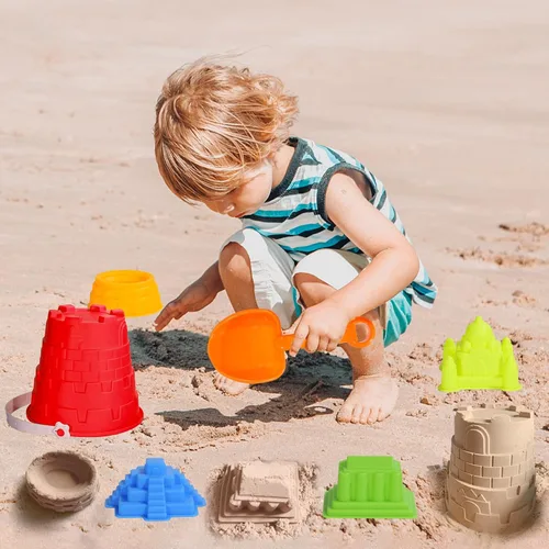 Miniatura 5 de Juego de 17 juguetes de playa para niños, incluye cubo, moldes, pala, rastrillo, tamiz y juguetes de castillo, cubo de arena y pala para niños