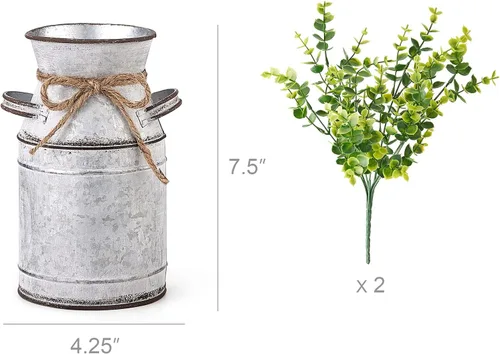 Miniatura 7 de Dahey Florero de metal con eucalipto artificial y centro de mesa, bandeja de madera con eucalipto artificial para decoración de granja