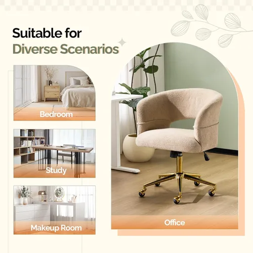 Miniatura 9 de VINGLI Silla Moderna Curvada de Oficina y Tocador, Bonita Silla Tapizada con Tachuelas con Ruedas y Giro de 360° y Club y Reclinable y Base Dorada