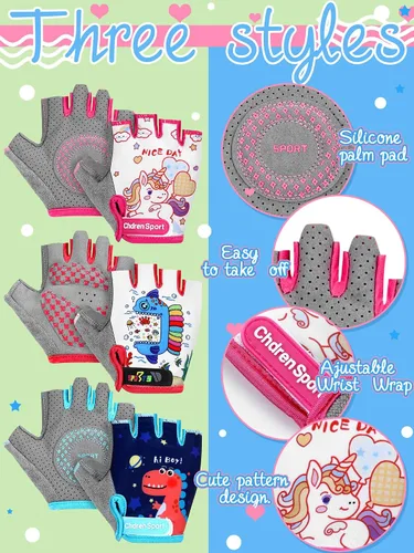 Miniatura 20 de SATINIOR 3 pares de guantes de medio dedo antideslizantes de gel para ciclismo, guantes de gimnasia ajustables para niñas y niños