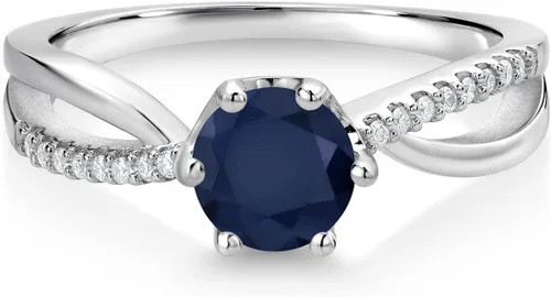 Miniatura 2 de Gem Stone King Anillo de compromiso de plata de ley 925 con zafiro redondo y moissanita blanca para mujer