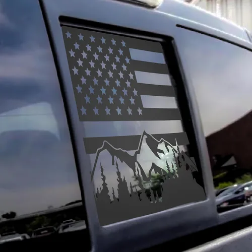 Adhesivo de vinilo para Ford F150 F250 F350 2004-2014 para ventana trasera trasera media con bandera estadounidense, color negro mate Mountain