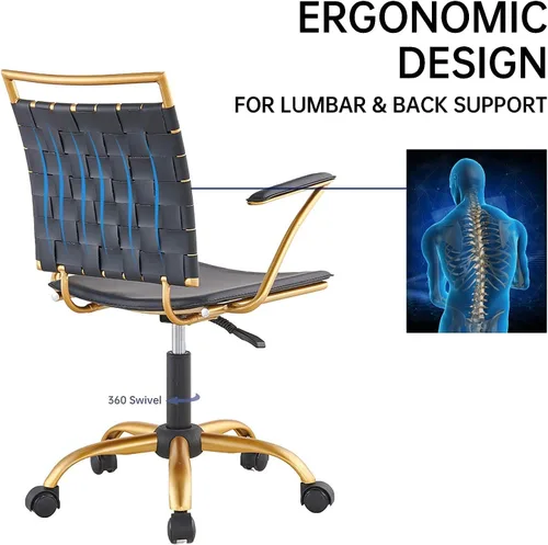 Miniatura 7 de Silla de oficina moderna de cuero, color dorado y negro, bonita silla de conferencias con respaldo medio con ruedas y brazos, cómoda silla giratoria