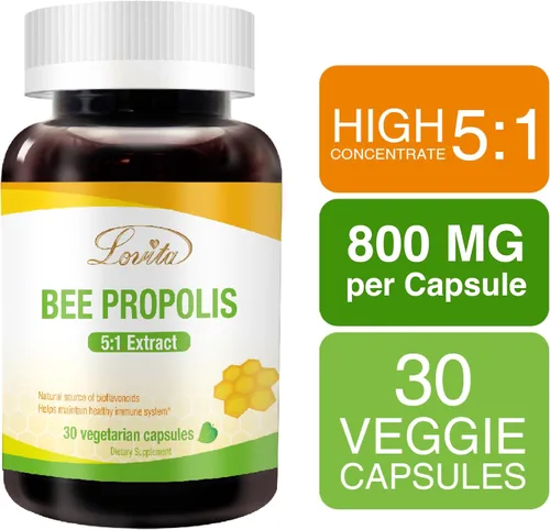 Miniatura 2 de LOVITA Cápsula de propóleo Alta potencia Concentración 5:1 Extracto de propóleo natural 30 cápsulas vegetarianas (suministro de 1 mes)
