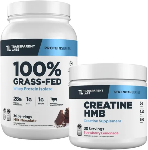 Transparent Labs Aislado de proteína de suero alimentado con pasto (30 porciones, chocolate con leche) y creatina HMB (30 porciones, limonada de