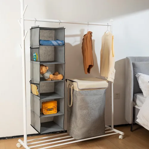 Miniatura 2 de BrilliantJo Organizador colgante de armario con 6 estantes, 2 unidades de almacenamiento colgante con 4 bolsillos laterales para ropa y zapatos, 6