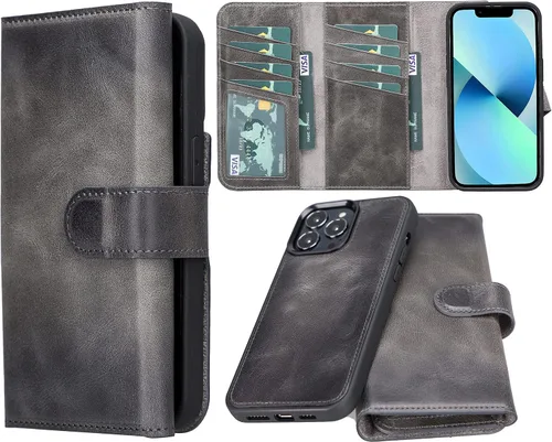 Miniatura 12 de Bayelon Funda compatible con iPhone 13 Pro, billetera de cuero triple de grano completo [2 en 1], funda magnética desmontable con ranuras