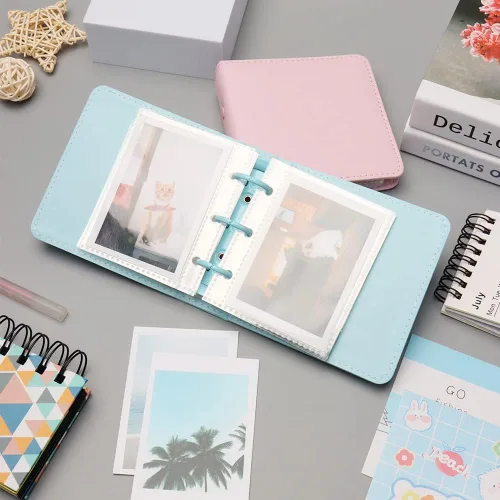 Miniatura 5 de Mini álbum de fotos, soporte para tarjetas de fotos azules, tarjetas fotográficas Kpop de piel sintética de 3 anillos, álbum de películas de fotos