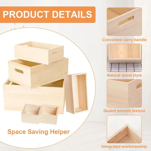 Miniatura 3 de Paquete de 6 cajas de madera sin terminar, 5 tamaños, asas naturales, cajas de madera, organizador de almacenamiento, caja de manualidades, caja