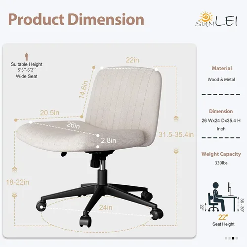 Miniatura 3 de SUNLEI Silla de oficina con patas cruzadas con ruedas, silla ancha sin brazos para escritorio de tocador, sillas cómodas cruzadas con respaldo