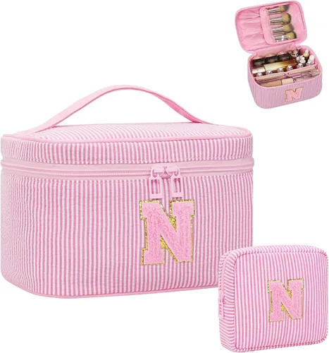 Miniatura 45 de Juego de bolsas de maquillaje con iniciales para niñas y mujeres, bolsa de cosméticos con monograma con soporte para cepillos, estuche de maquillaje