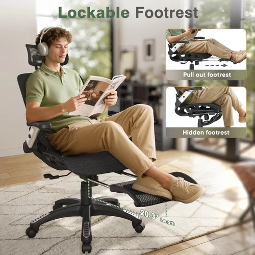 Miniatura 5 de GABRYLLY Silla de oficina con reposapiés, silla de escritorio ergonómica – 135° reclinable ancho, brazos abatibles de 45°, reposacabezas 3D
