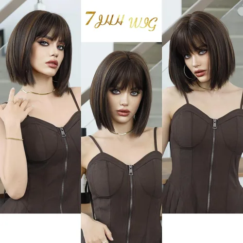 Miniatura 6 de 7JHH WIGS Peluca corta y lacia con flequillo de 12 pulgadas, peluca corta de cabello natural rubio natural con reflejos estilo Bob, cabello Peluca