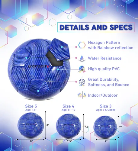 Miniatura 2 de Balón de fútbol premium para niños y niñas, balón oficial de partido con patrón hex arcoíris reflectante, duradero, para interiores, exteriores, Azul