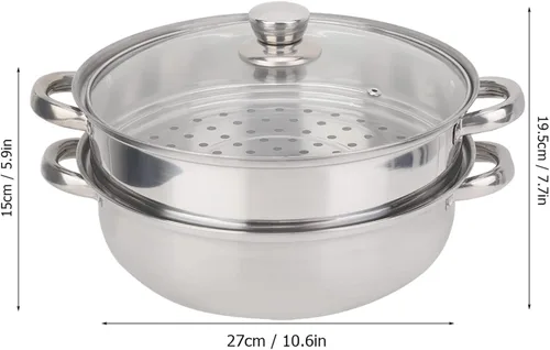 Miniatura 7 de Olla de vapor de 2 capas, olla doble caldera, olla de cocina de acero inoxidable con tapa de vidrio templado y asas dobles, funciona con horno