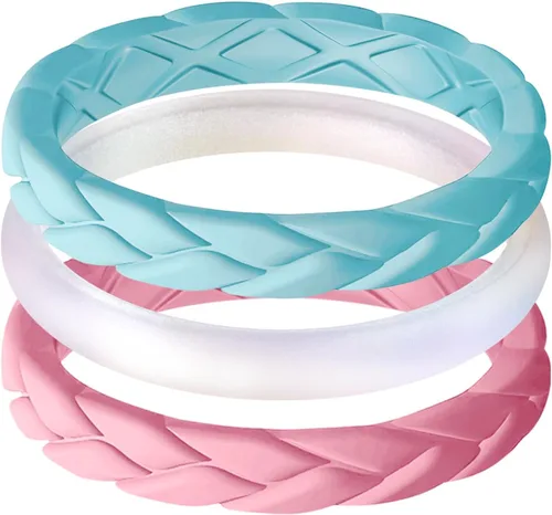 Miniatura 76 de Egnaro Anillos de boda de silicona para ella, conjuntos de novia de goma para mujer, bandas finas, diseño trenzado de hojas apilables con ranuras