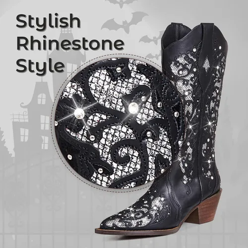 Miniatura 6 de SaraIris Botas vaqueras para mujer, botas vaqueras, botas occidentales, tacón grueso, punta puntiaguda, con diamantes de imitación bordados, botas