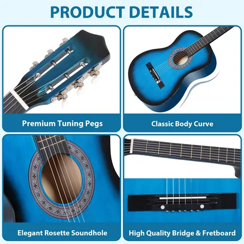 Miniatura 5 de Juego de guitarra acústica de 38 pulgadas para niños, principiantes y amantes de la música, guitarra folclórica de 6 cuerdas con bolsa