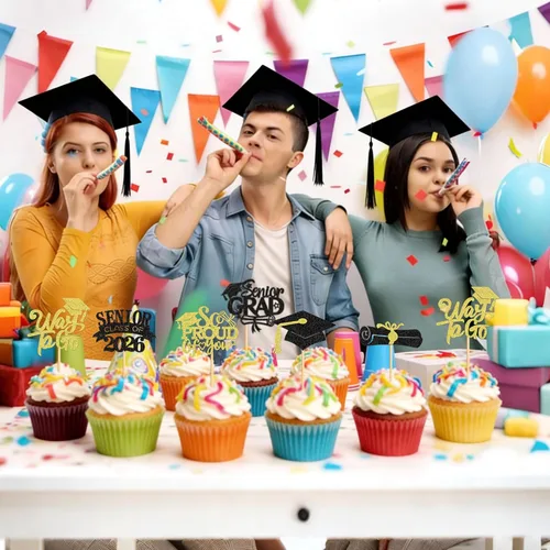 Miniatura 5 de Ercadio 36 piezas 2026 adornos para cupcakes con purpurina negra y dorada para graduación senior So Proud Of You Senior Class of 2026 Way to Go