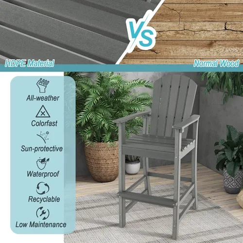 Miniatura 6 de Giantex Taburete de bar HDPE para exteriores, silla Adirondack alta con reposabrazos y reposapiés, taburete de bar de 30 pulgadas de altura de Gris