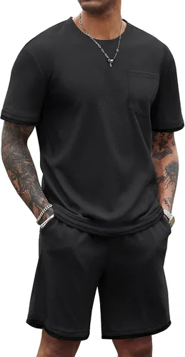 Miniatura 38 de COOFANDY Conjunto de camisa y pantalones cortos de gofre para hombre, conjunto de 2 piezas, conjunto casual de verano con bolsillos